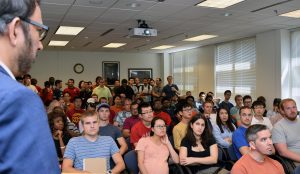Dr. Pulickel Ajayan, Benjamin M. and Mary Greenwood Anderson Professor in Engineering at Rice University, spoke to a full house during the first graduate seminar of the fall 2016 ME seminar series.
