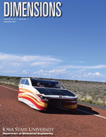 Cover of the fall 2017 edition of Dimensions. PrISUm solar car drives across the Australia outback as part of the 2017 Bridgestone World Solar Challenge