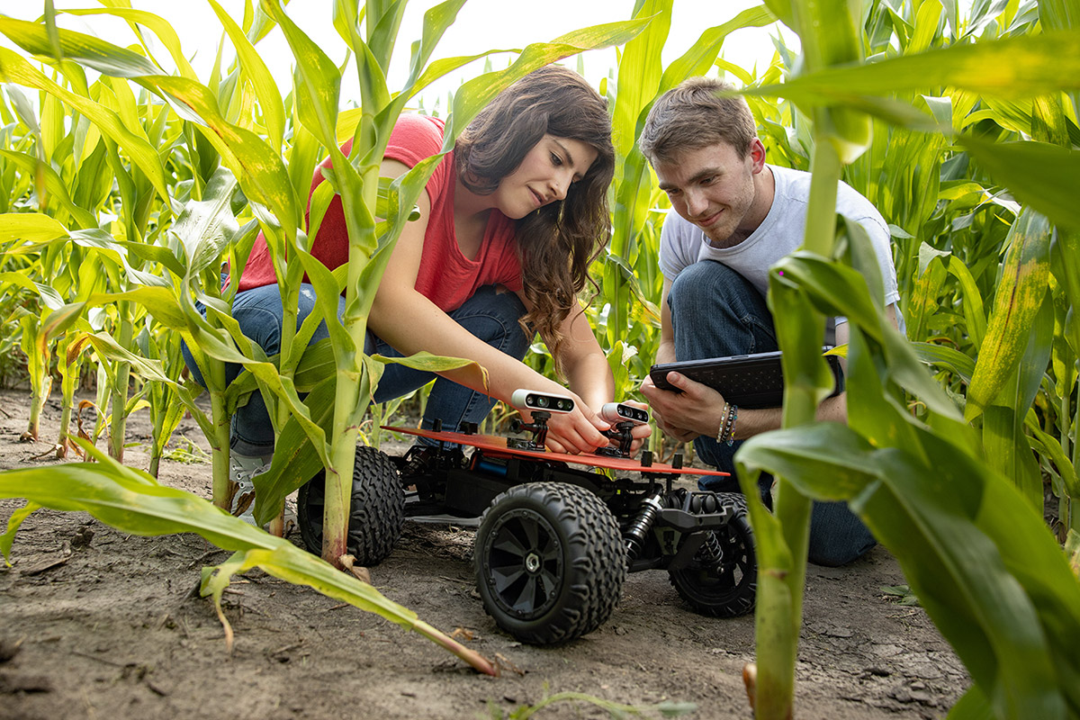 students with robot in cornfield